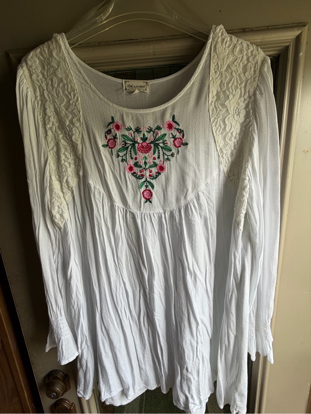 Cracker Barrel White Peasant Tunic with Pink & Green Embroidery-Cloth & Portrait
